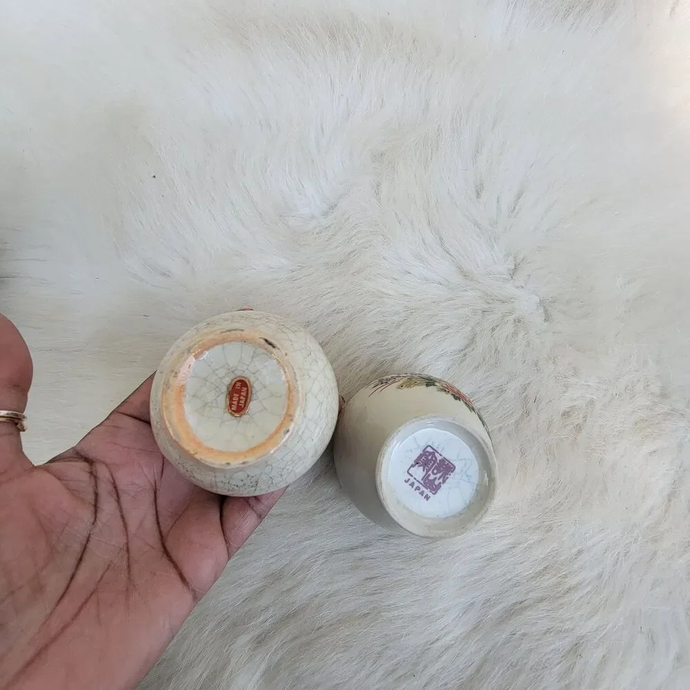 2 Vintage Japanese crackle mini vase peacock floral